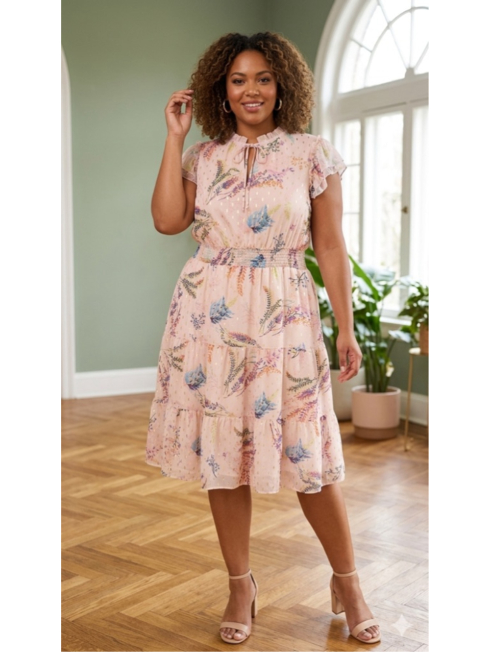 Autres Filles Pink Floral Metallic Chiffon Midi Dress Flutter Sleeve 1X Plus